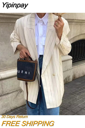 Yipinpay 2023 Fashion Striped Women's Blazers for Women Elegant Stylish Blazer Female with Pocket Loose Blazer Suits Clothing New